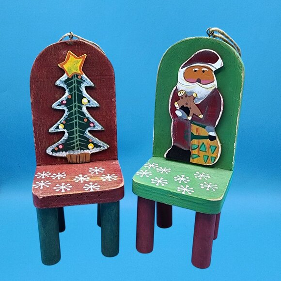 Vintage Wooden Santa & Tree Chair Folk Art Ornaments Handcrafted Set 1997 - Picture 3 of 10
